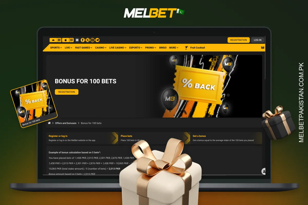 The bonus for 100 bets from Melbet allows you to receive an amount equal to the average bet on your main account