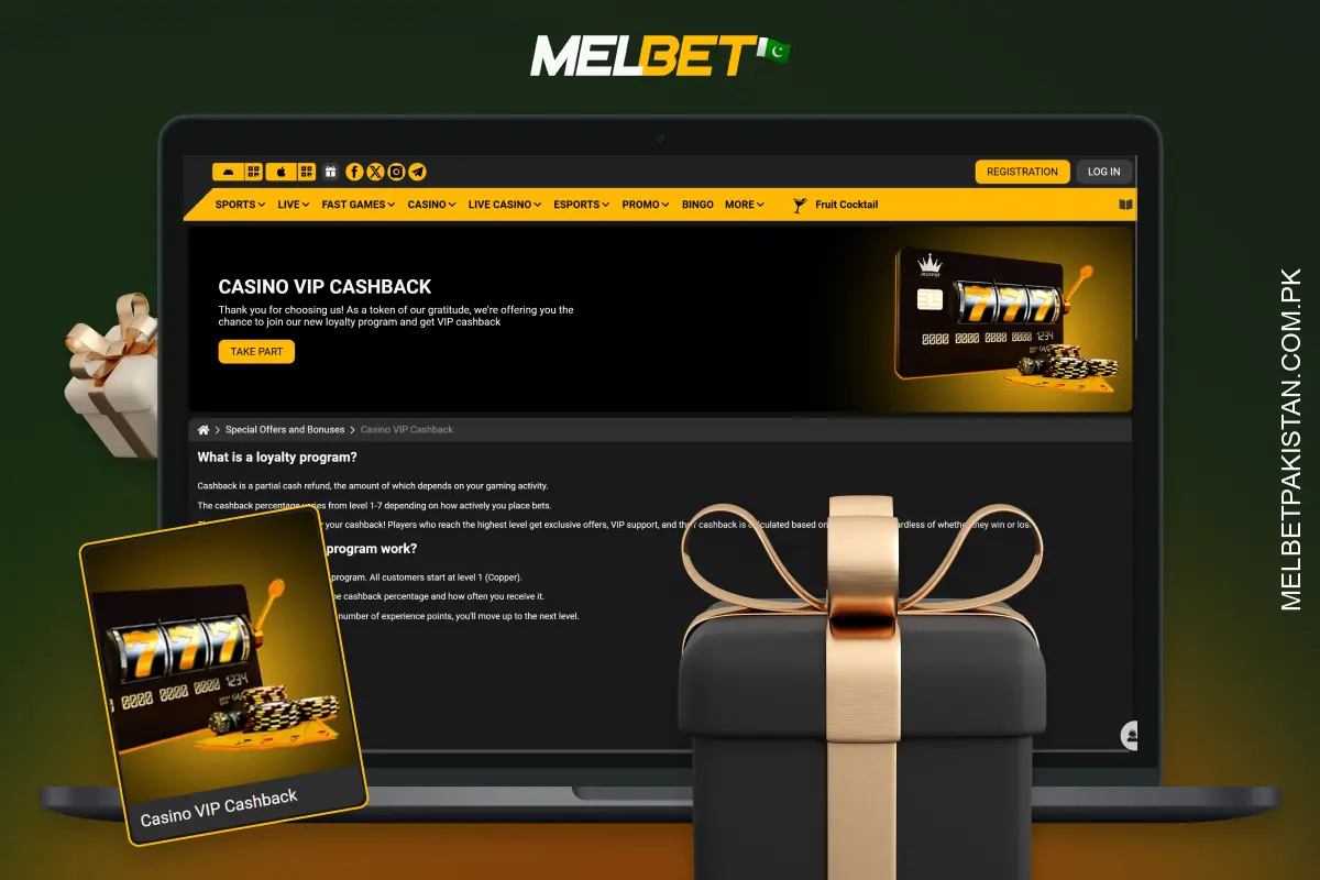 VIP Cashback at Melbet Casino is a loyalty programme where cashback increases depending on the player's status