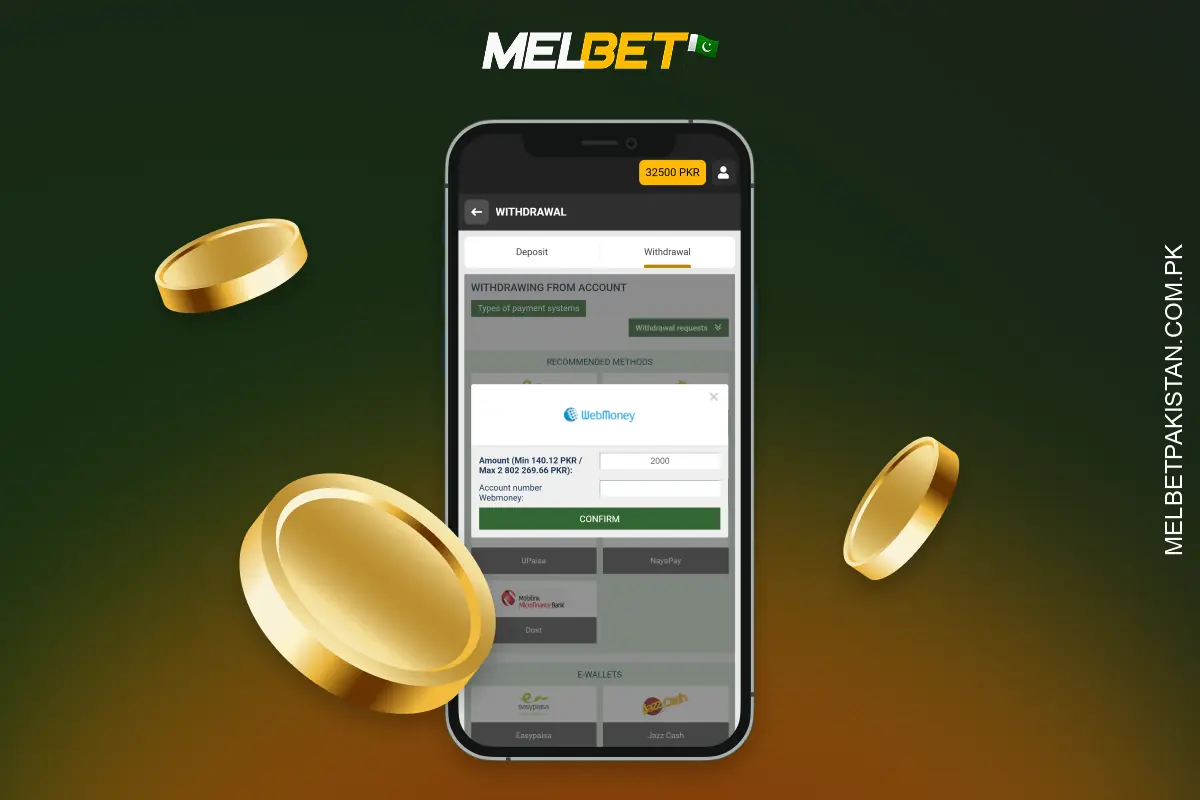 Players from Pakistan can withdraw money from Melbet in a few simple steps
