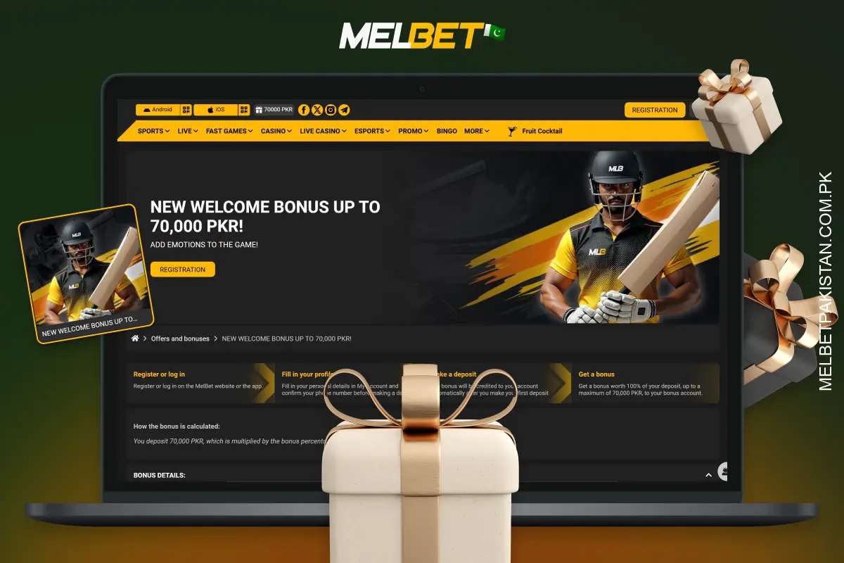 The Melbet first deposit bonus in Pakistan is 100% of the deposit amount