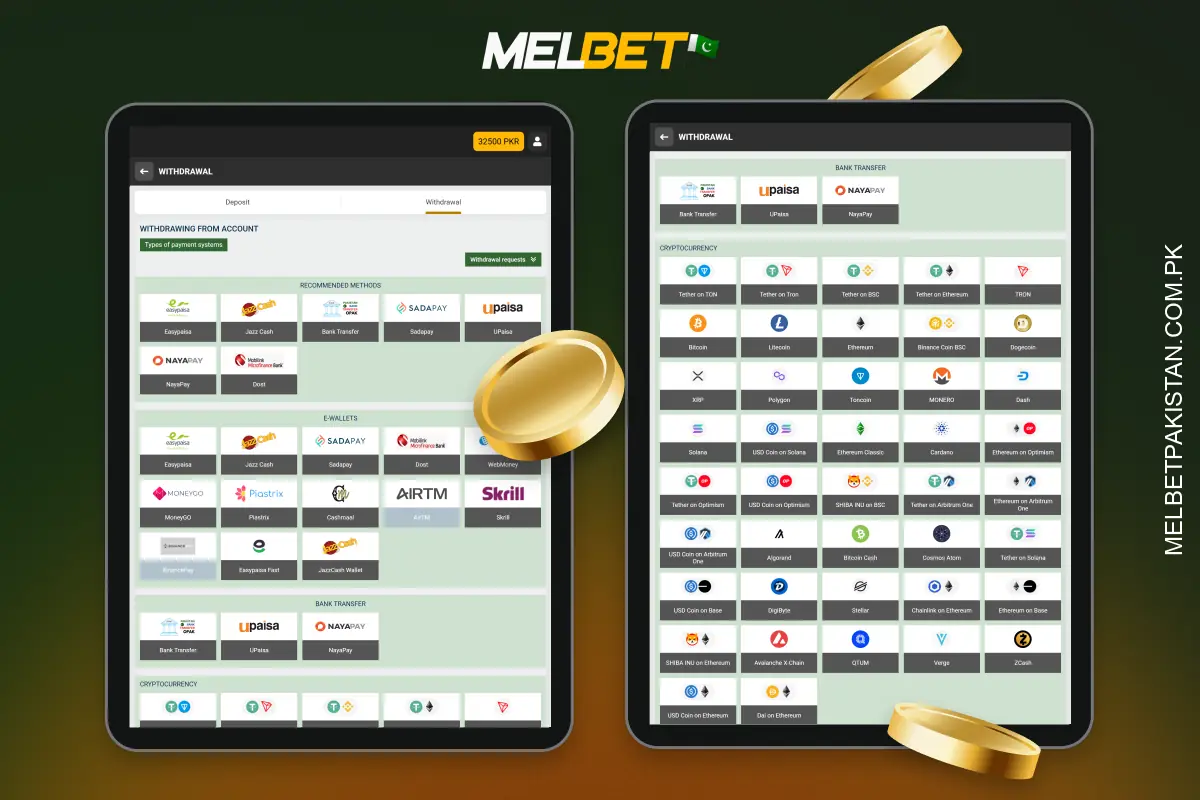 Withdrawals from Melbet Pakistan can be made using the same methods as deposits