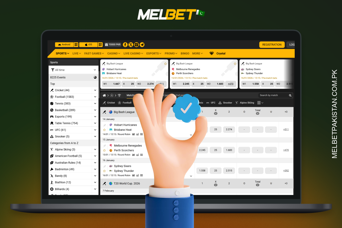 Melbet offers high odds, localisation for Pakistan, bonuses, fast payouts, a wide selection of sports and casinos, a mobile app, and VIP privileges