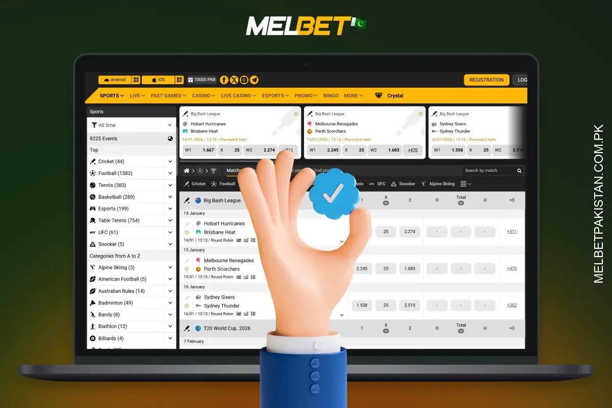 Melbet offers high odds, localisation for Pakistan, bonuses, fast payouts, a wide selection of sports and casinos, a mobile app, and VIP privileges