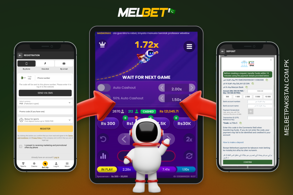 To start playing the crash game Spaceman at Melbet Pakistan casino for real money log in, make a deposit, choose a game from the catalogue, read the rules and place a bet