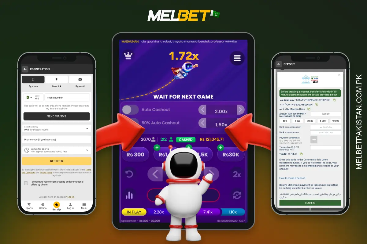 To start playing the crash game Spaceman at Melbet Pakistan casino for real money log in, make a deposit, choose a game from the catalogue, read the rules and place a bet