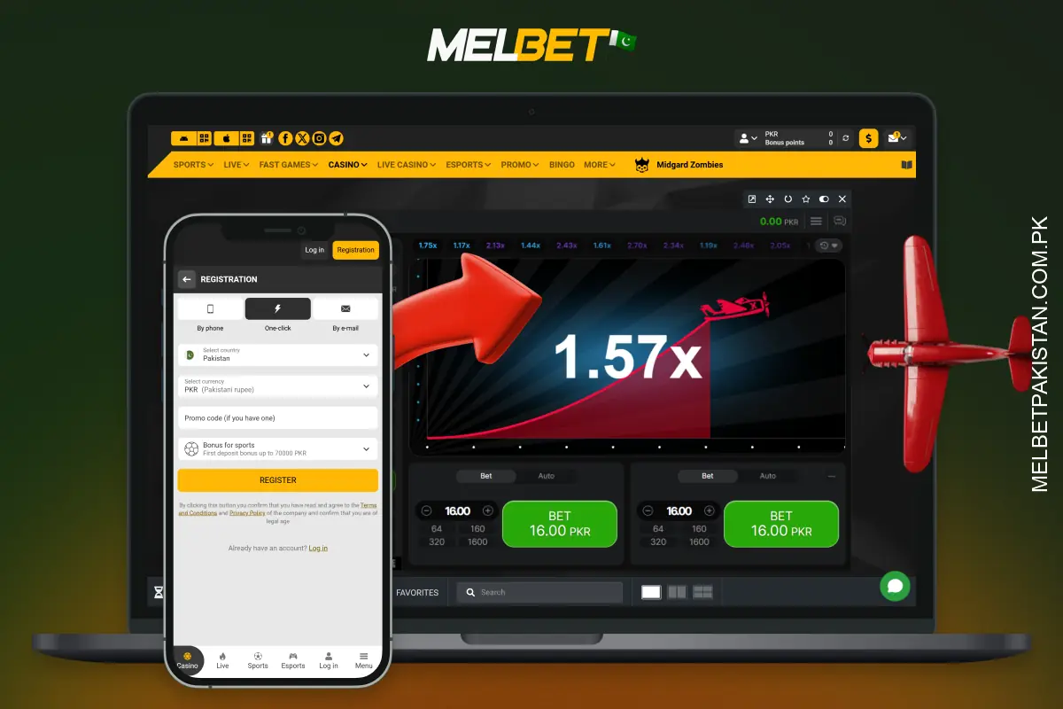 Players from Pakistan to start playing Aviator at Melbet need to create an account on the official website, fund their account, find the Aviator game in the Casino catalogue and place a bet