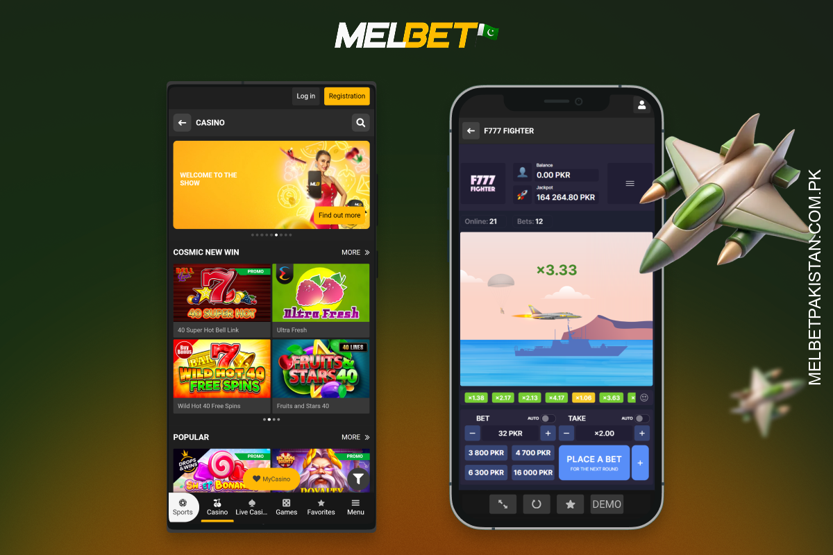 To start playing the popular crash simulator F777 Fighter at Melbet Casino Pakistan, register, make a deposit, find the game in the casino section and launch it by selecting a mode and placing a bet