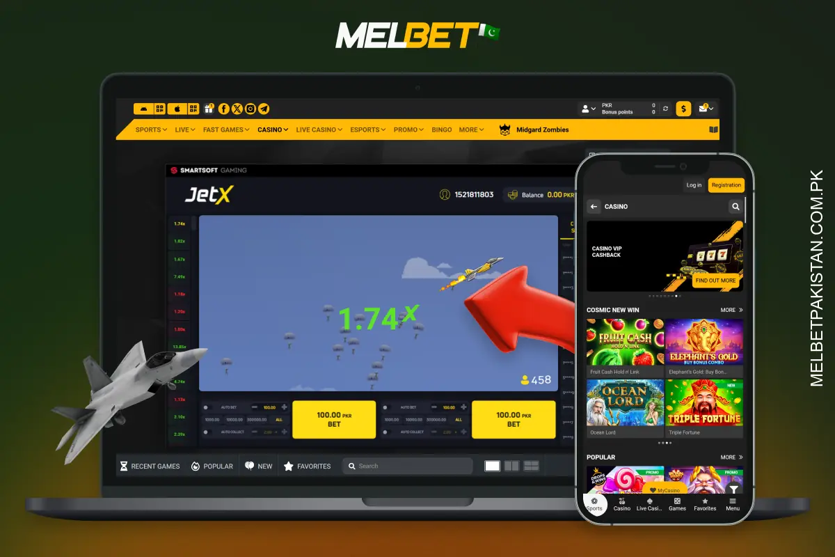To start playing JetX for real money at Melbet in Pakistan create an account, top up your balance, open the JetX game and place a bet