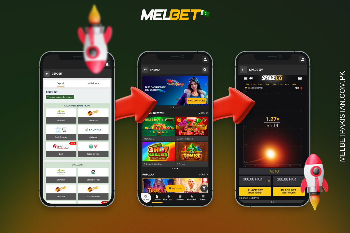 To start playing Space XY at Melbet in Pakistan, register at the casino, make a deposit, find the game among the crash games and place a bet