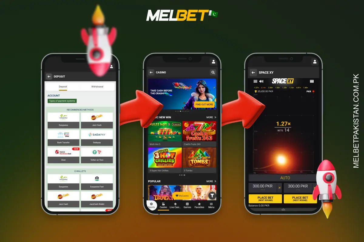 To start playing Space XY at Melbet in Pakistan, register at the casino, make a deposit, find the game among the crash games and place a bet