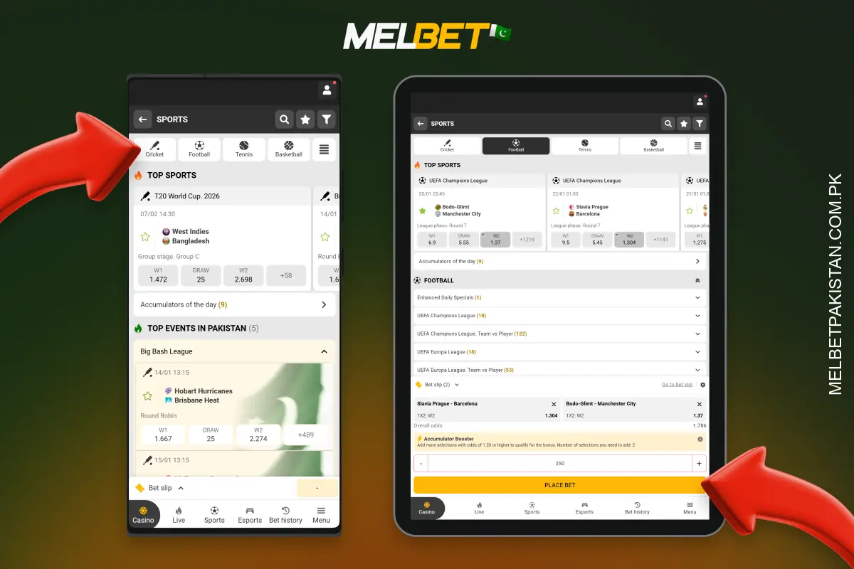 In the Melbet app, players simply select a sport, match and market, enter the stake amount and confirm to place their bet