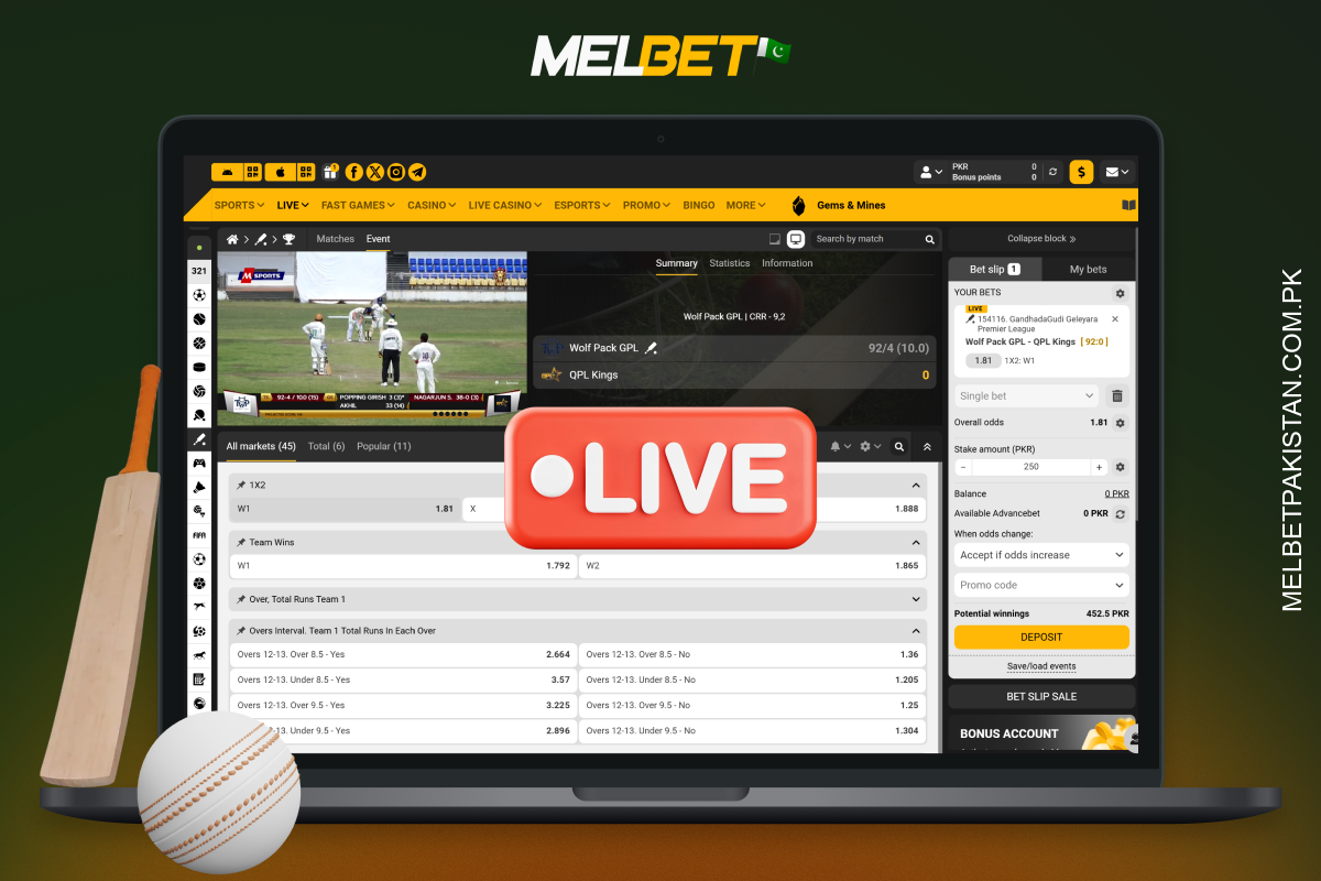 Melbet offers live cricket betting with dynamic odds, live streaming and a variety of betting options on players and match outcomes