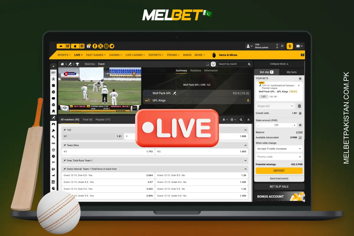 Melbet offers live cricket betting with dynamic odds, live streaming and a variety of betting options on players and match outcomes