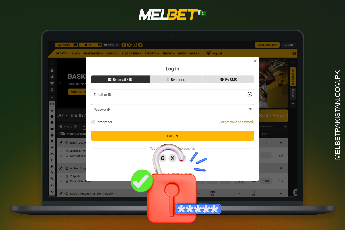 Logging into Melbet Pakistan is quick and secure via phone, email or social media