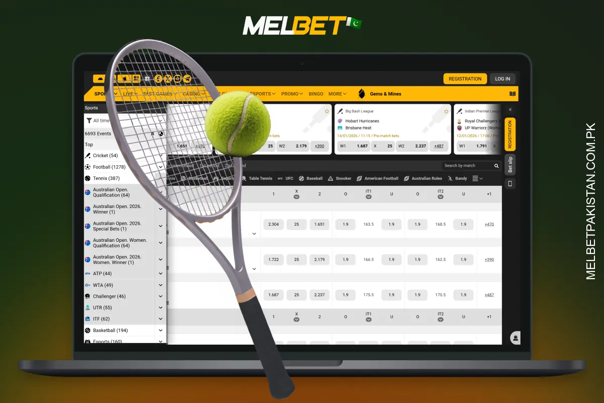 Melbet's tennis betting covers all tournaments, including Grand Slams, with markets on sets, tie-breaks and exact scores, with live odds and player analytics