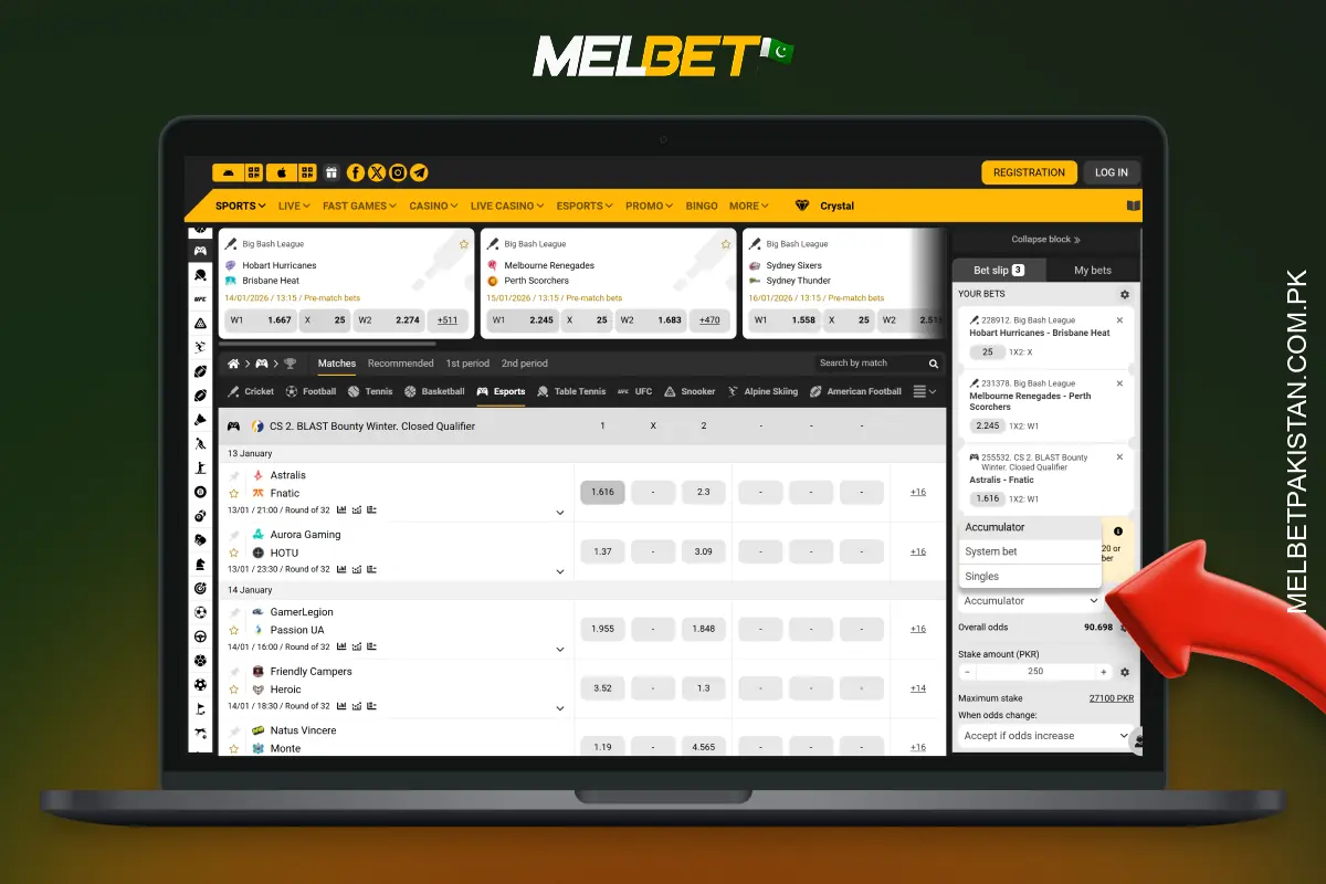 Melbet Pakistan offers single, express, system, live, tournament winner and Asian handicap bets