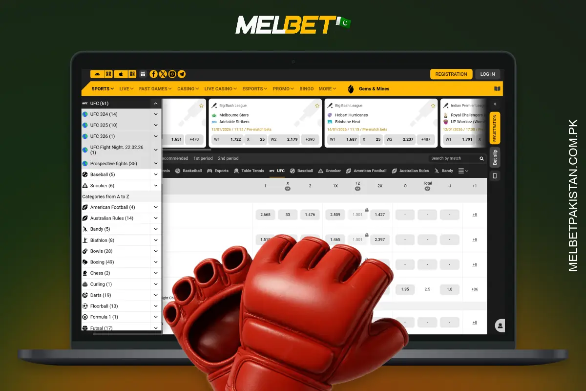 UFC betting at Melbet includes match outcomes, rounds and methods of victory